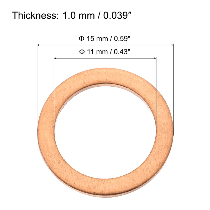 12 Pcs Flat Copper Washers, 11x15x1mm Copper Flat Sealing Crush Ring Washers