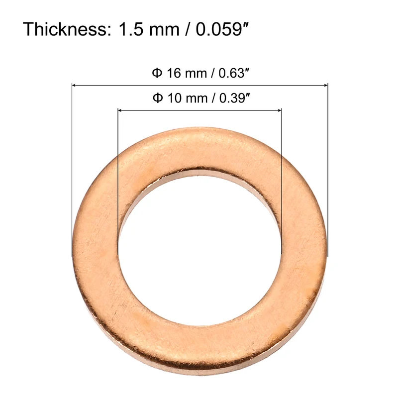 52 Pcs Flat Copper Washers, 10x16x1.5mm Copper Flat Sealing Crush Ring Washers