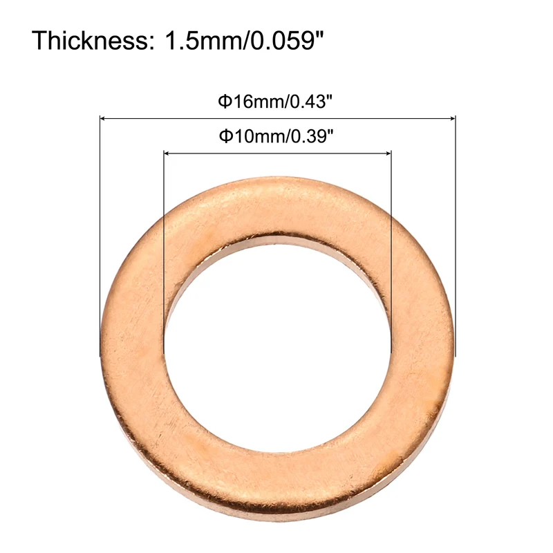12 Pcs Flat Copper Washers, 10x16x1.5mm Copper Flat Sealing Crush Ring Washers