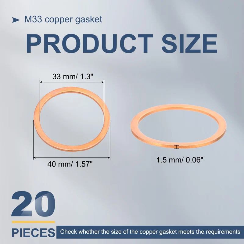 20Pcs M33 Flat Copper Washers 33x40x1.5mm Copper Flat Sealing Ring Washers