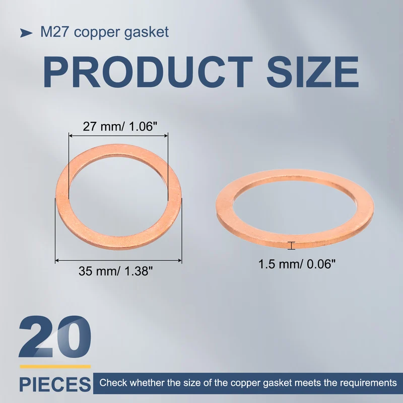 20Pcs M27 Flat Copper Washers 27x35x1.5mm Copper Flat Sealing Ring Washers