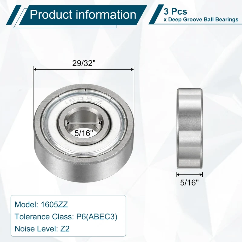 1605ZZ Deep Groove Ball Bearing, 3pcs, 5/16" x 29/32" x 5/16", Z2 Sealed Bearing