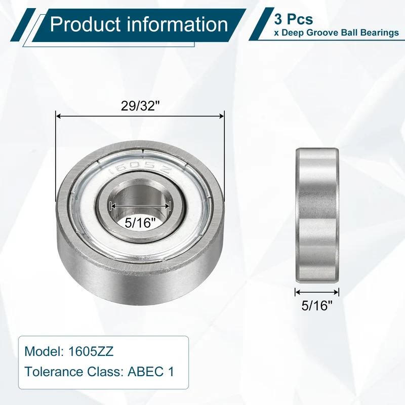 3Pcs 1605ZZ Deep Groove Ball Bearing, 5/16" x 29/32" x 5/16" Sealed Bearing