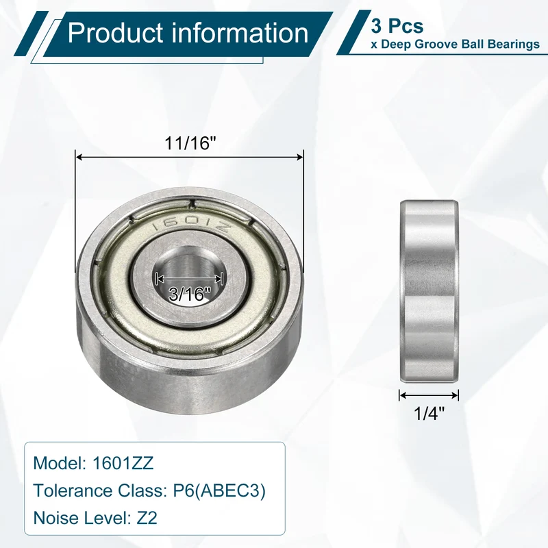 1601ZZ Deep Groove Ball Bearing, 3pcs, 3/16" x 11/16" x 1/4", Z2 Sealed Bearing