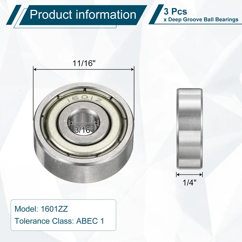 3Pcs 1601ZZ Deep Groove Ball Bearing 3/16" x 11/16" x 1/4" Sealed Bearing