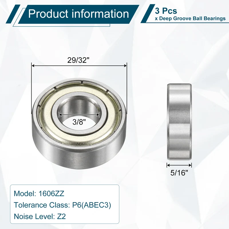 1606ZZ Deep Groove Ball Bearing, 3pcs, 3/8" x 29/32" x 5/16", Z2 Sealed Bearing