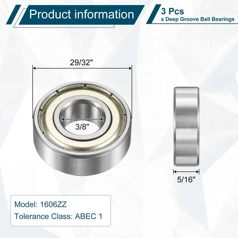 3Pcs 1606ZZ Deep Groove Ball Bearing, 3/8" x 29/32" x 5/16" Sealed Bearing