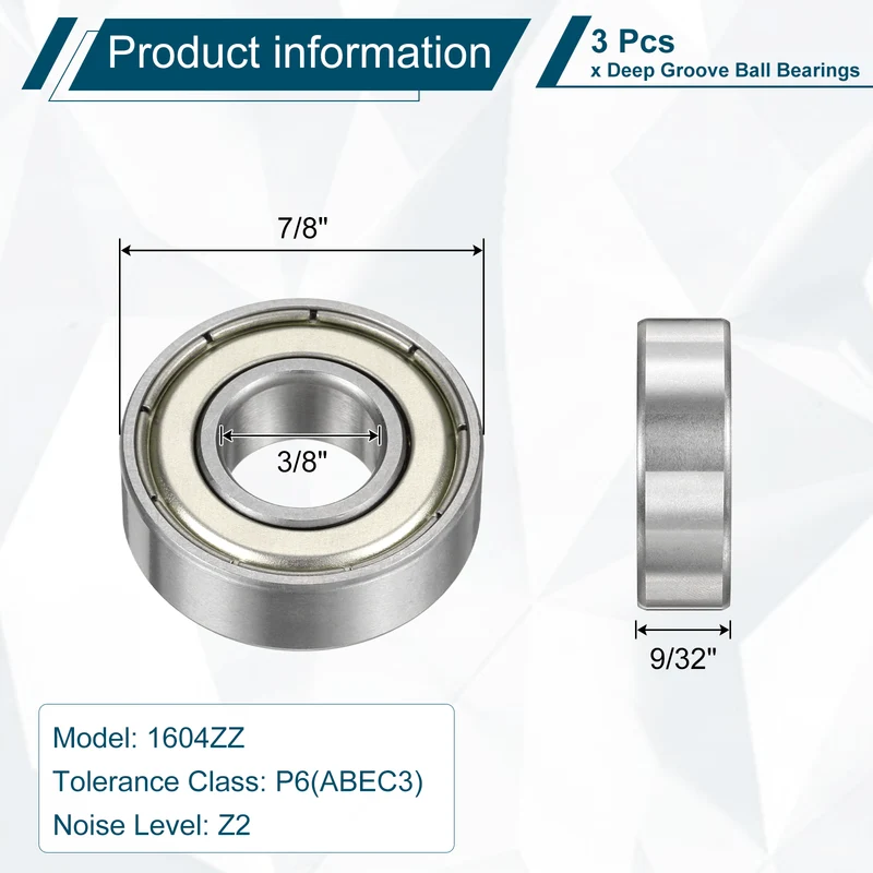 1604ZZ Deep Groove Ball Bearing, 3pcs, 3/8" x 7/8" x 9/32", Z2 Sealed Bearing