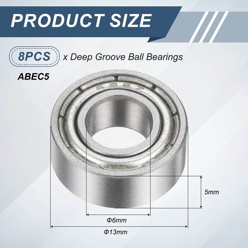 8Pcs 686ZZ 6mmx13mmx5mm Metal Shielded Deep Groove Ball Bearing, Silver