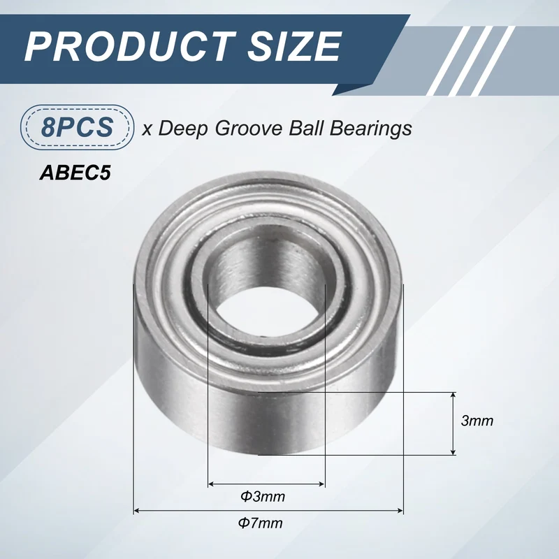 8Pcs 683ZZ 3mmx7mmx3mm Metal Shielded Deep Groove Ball Bearing, Silver