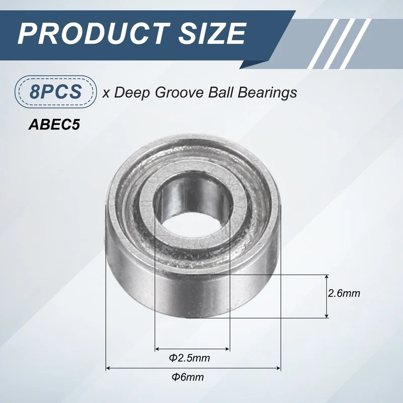 8Pcs 682XZZ 2.5mmx6mmx2.6mm Metal Shielded Deep Groove Ball Bearing, Silver