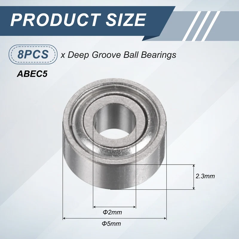 8Pcs 682ZZ 2mmx5mmx2.3mm Metal Shielded Deep Groove Ball Bearing, Silver