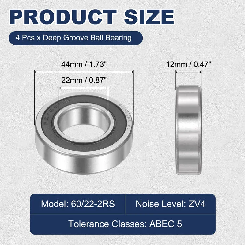 60/22-2RS Deep Groove Ball Bearing, 4pcs 22 x 44 x 12mm, ZV4 Double Rubber