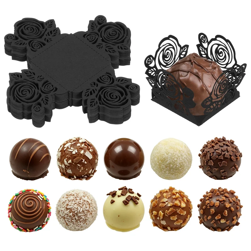 50Pcs 1.4x1.4" Rose Shape Truffle Wrapper Cupcake Liners for Decor, Black