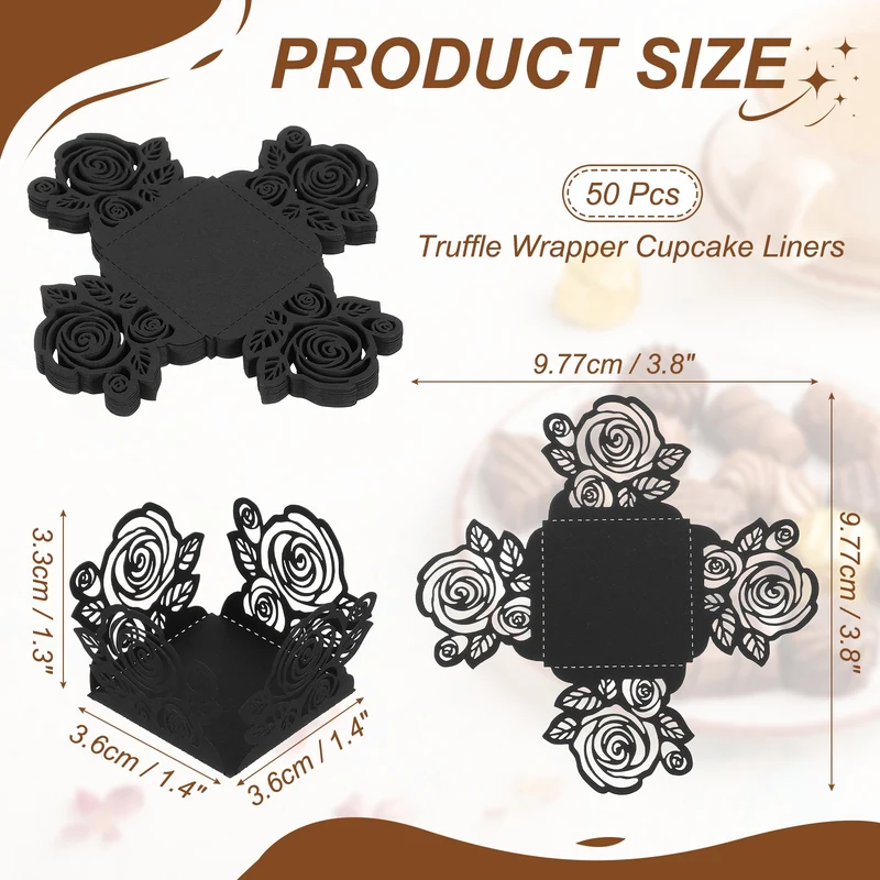 50Pcs 1.4x1.4" Rose Shape Truffle Wrapper Cupcake Liners for Decor, Black