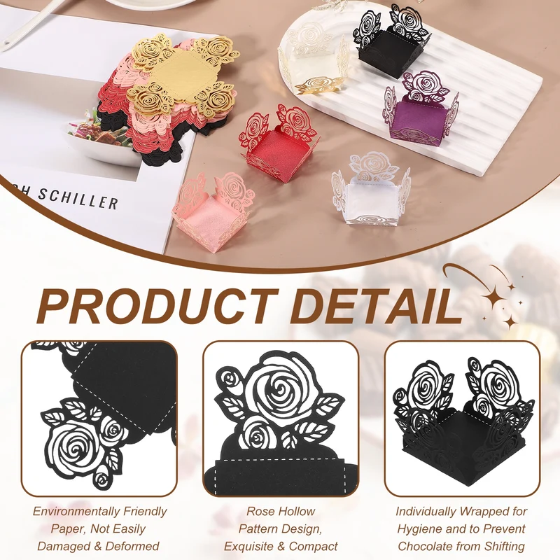 50Pcs 1.4x1.4" Rose Shape Truffle Wrapper Cupcake Liners for Decor, Black