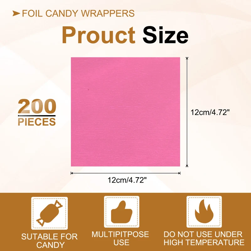 200 Pcs 5x5 Inch Foil Candy Wrappers Chocolate Wrapping Paper Pink