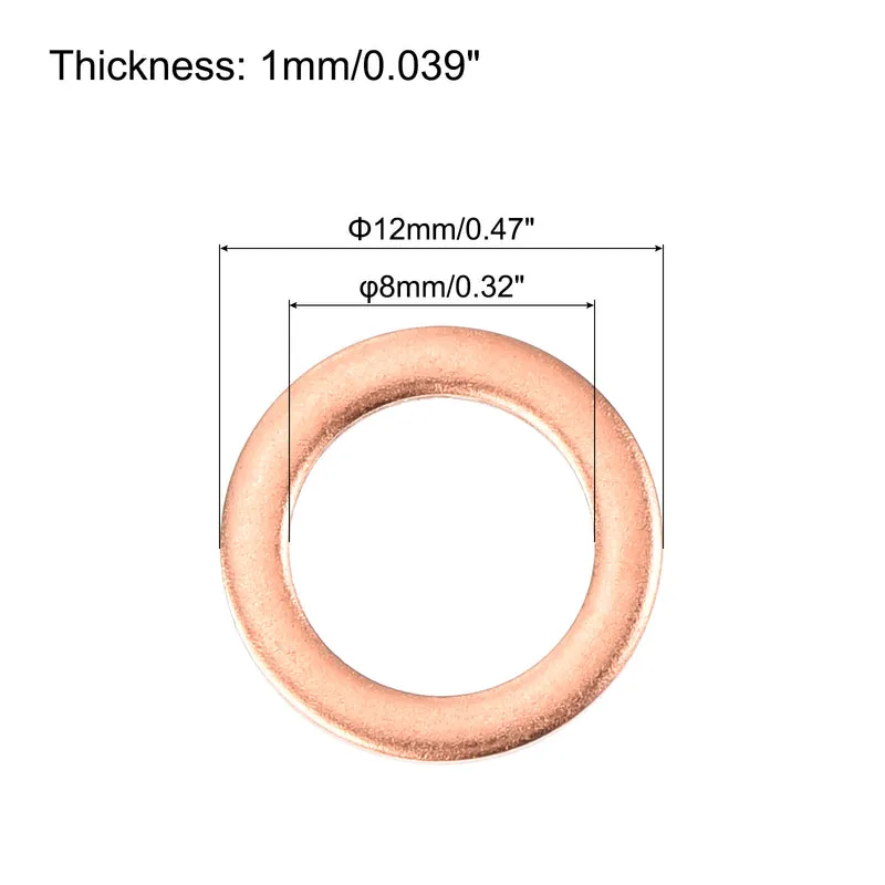 102 Pcs Flat Copper Washers 8x12x1mm Copper Flat Sealing Ring Washers