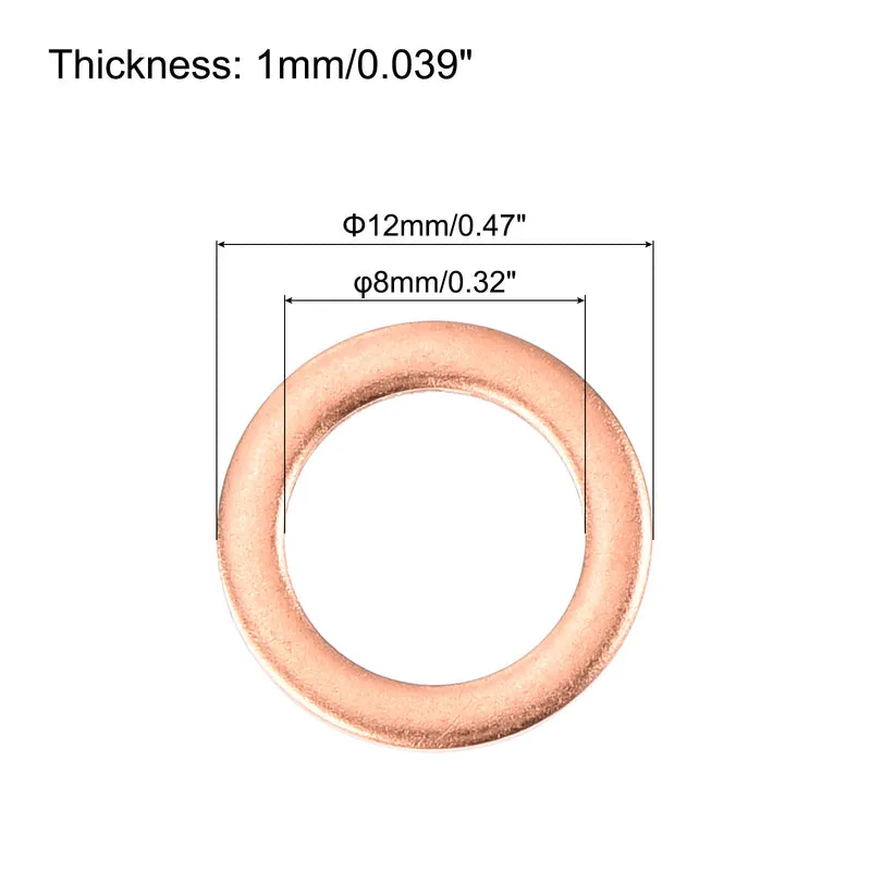 52 Pcs Flat Copper Washers 8x12x1mm Copper Flat Sealing Ring Washers