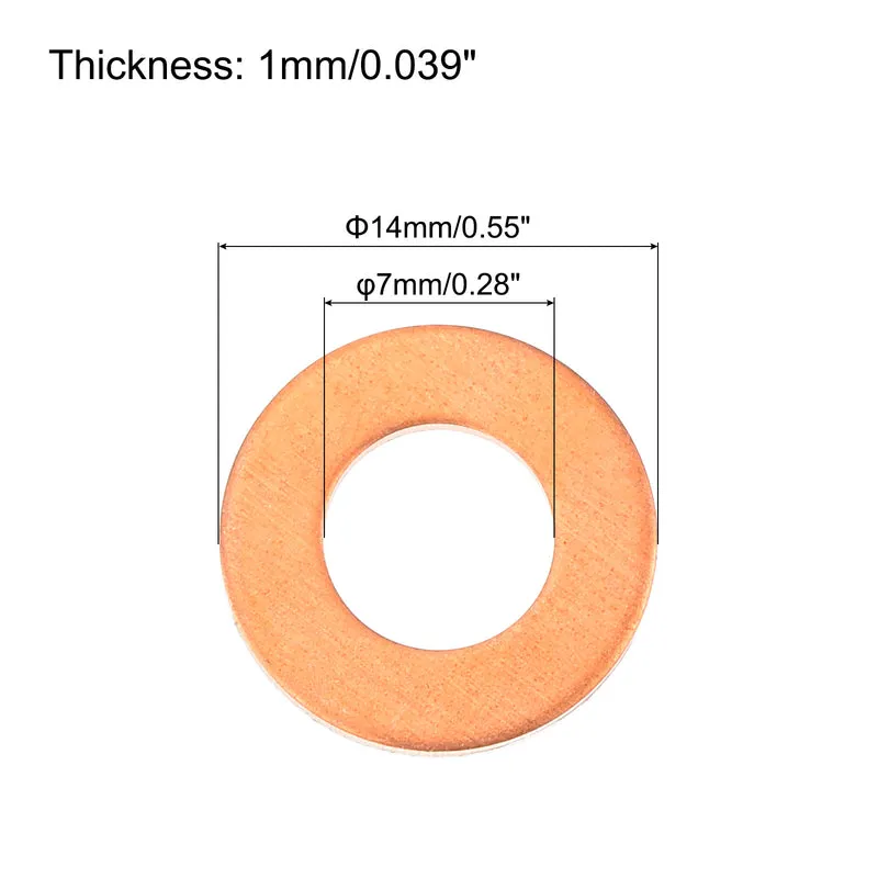 52 Pcs Flat Copper Washers 7x14x1mm Copper Flat Sealing Ring Washers