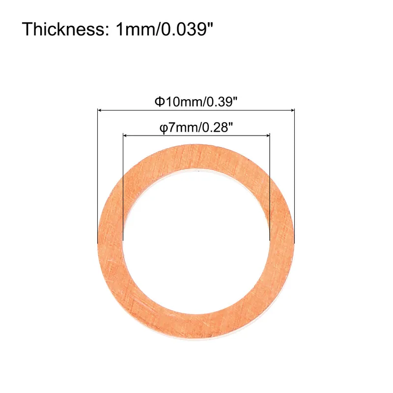 52 Pcs Flat Copper Washers 7x10x1mm Copper Flat Sealing Ring Washers