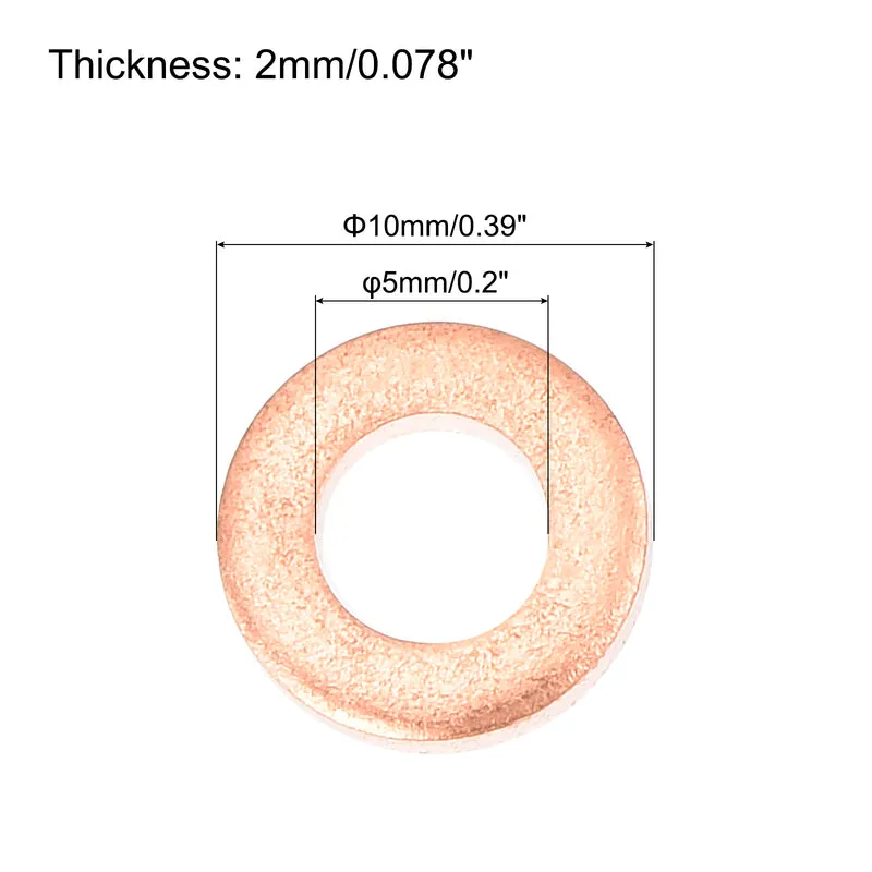 52 Pcs Flat Copper Washers 5x10x2mm Copper Flat Sealing Ring Washers