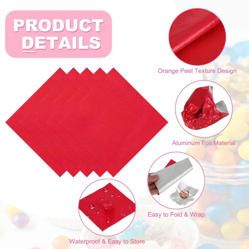 200 Pcs Candy Foil Wrappers, 7.87 x 7.87" Wrappers, Red (Orange Peel)