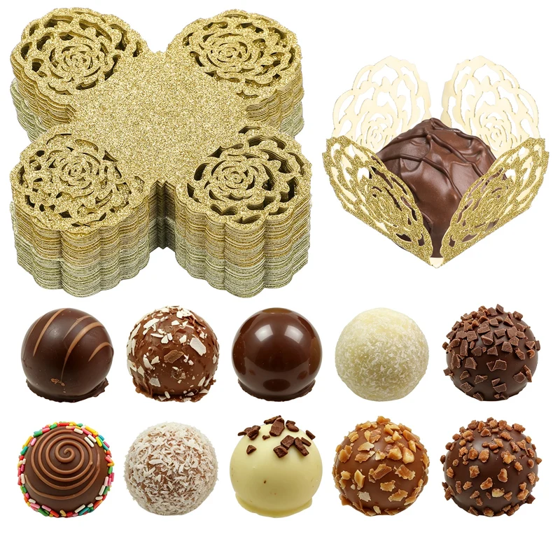 50Pcs 1.4x1.4" Glitter Rose Truffle Wrapper Cupcake Liners, Cyan Gold/Yellow