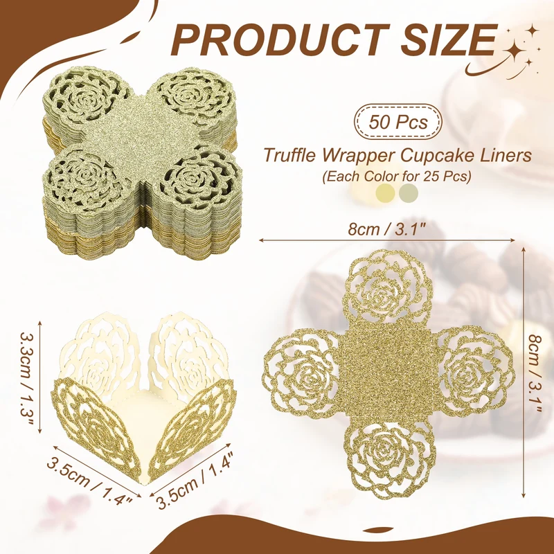 50Pcs 1.4x1.4" Glitter Rose Truffle Wrapper Cupcake Liners, Cyan Gold/Yellow