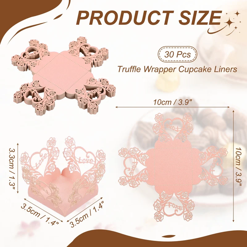 30Pcs 1.4x1.4" Love Rose Truffle Wrapper Cupcake Liners for Decor, Pink