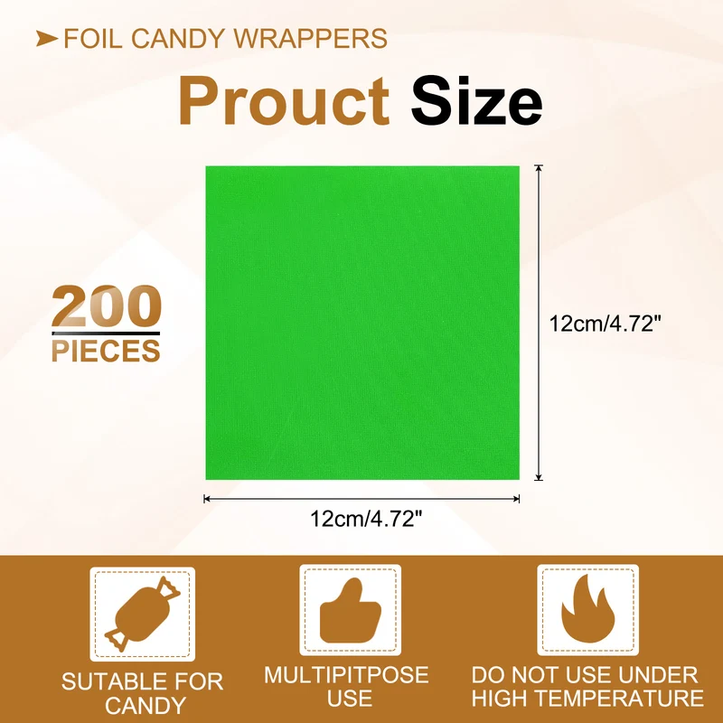 200 Pcs 5x5 Inch Foil Candy Wrappers Chocolate Wrapping Paper Light Green