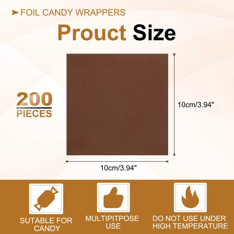 200 Pcs 4x4 Inch Foil Candy Wrappers Chocolate Wrapping Paper Light Coffee