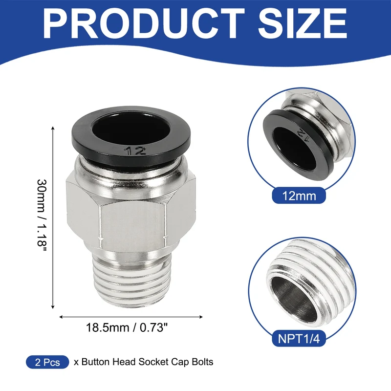 2 Pcs NPT Male 12mm Tube OD x 1/4" NPT Thread Push to Connect Fittings, Black