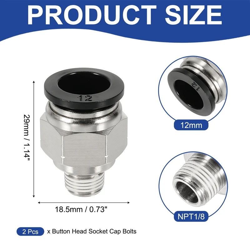 2 Pcs NPT Male 12mm Tube OD x 1/8" NPT Thread Push to Connect Fittings, Black