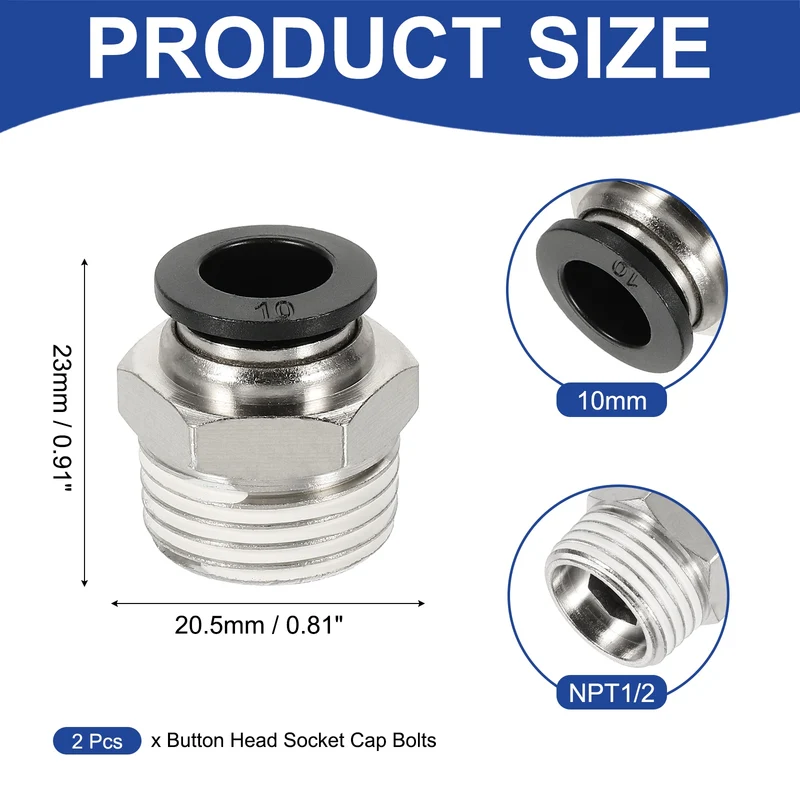 2 Pcs NPT Male 10mm Tube OD x 1/2" NPT Thread Push to Connect Fittings, Black
