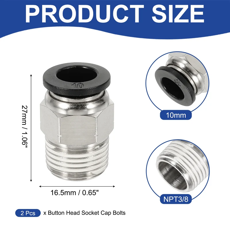 2 Pcs NPT Male 10mm Tube OD x 3/8" NPT Thread Push to Connect Fittings, Black