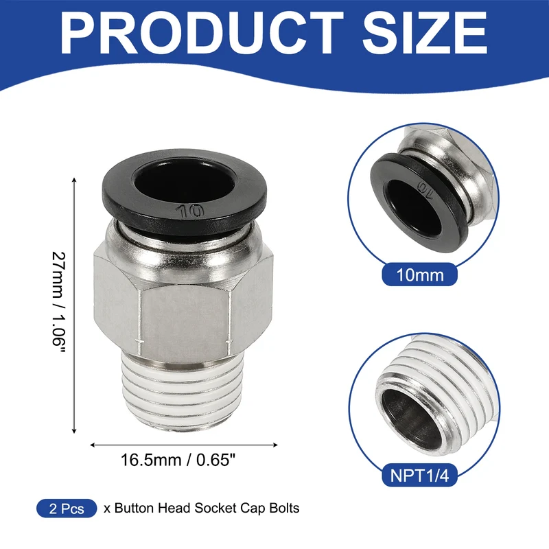 2 Pcs NPT Male 10mm Tube OD x 1/4" NPT Thread Push to Connect Fittings, Black