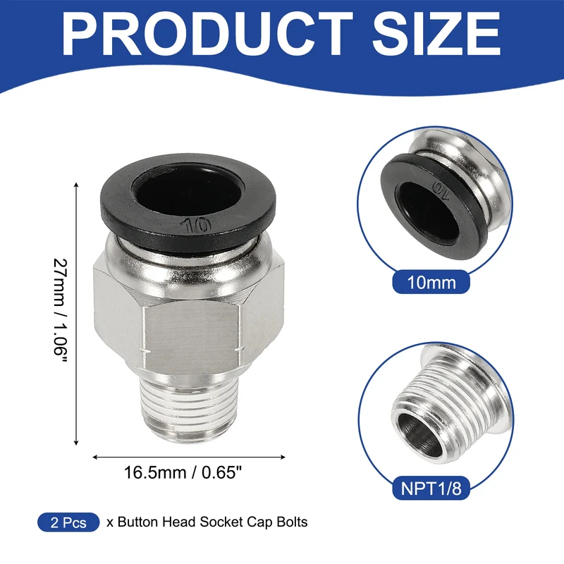 2 Pcs NPT Male 10mm Tube OD x 1/8" NPT Thread Push to Connect Fittings, Black