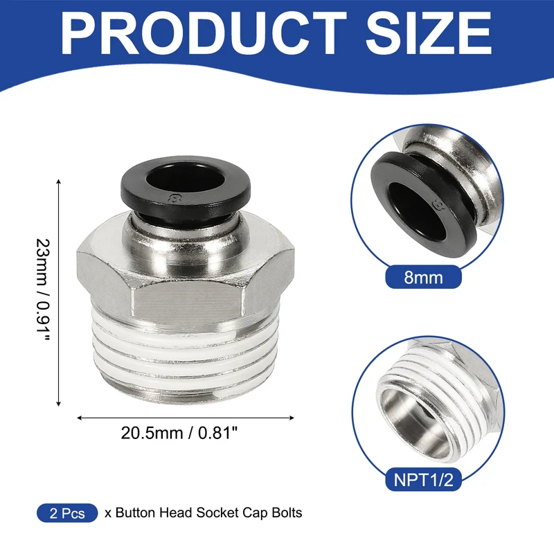 2 Pcs NPT Male 8mm Tube OD x 1/2" NPT Thread Push to Connect Fittings, Black