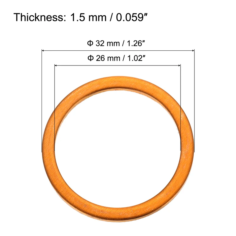 6 Pcs Flat Copper Washers, 26x32x1.5mm Copper Flat Sealing Crush Ring Washers
