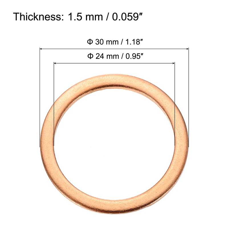 6 Pcs Flat Copper Washers, 24x30x1.5mm Copper Flat Sealing Crush Ring Washers