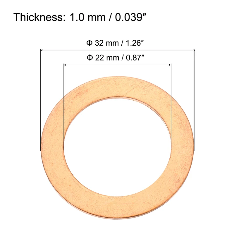 6 Pcs Flat Copper Washers, 22x32x1mm Copper Flat Sealing Crush Ring Washers