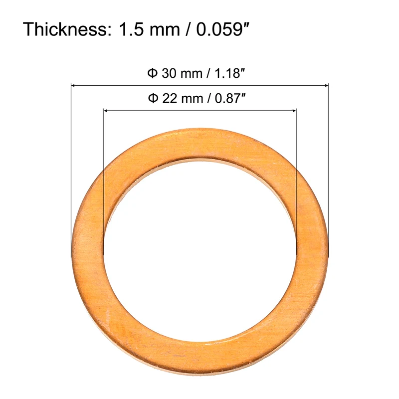 6 Pcs Flat Copper Washers, 22x30x1.5mm Copper Flat Sealing Crush Ring Washers