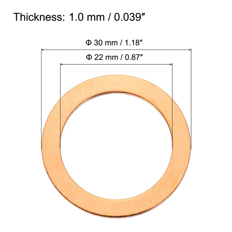 22 Pcs Flat Copper Washers, 22x30x1mm Copper Flat Sealing Crush Ring Washers