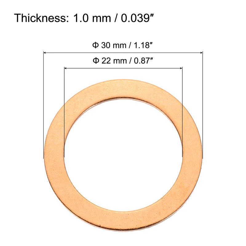 6 Pcs Flat Copper Washers, 22x30x1mm Copper Flat Sealing Crush Ring Washers