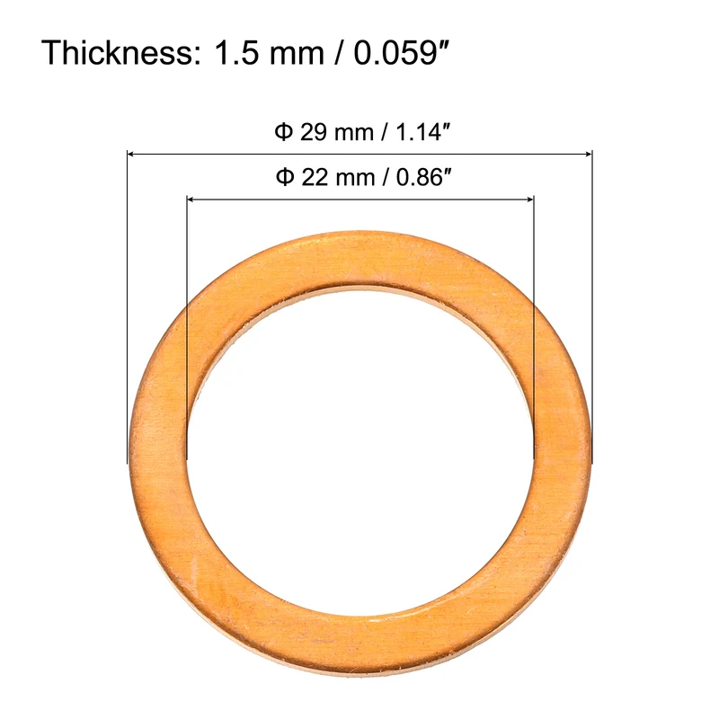 22 Pcs Flat Copper Washers, 22x29x1.5mm Copper Flat Sealing Crush Ring Washers
