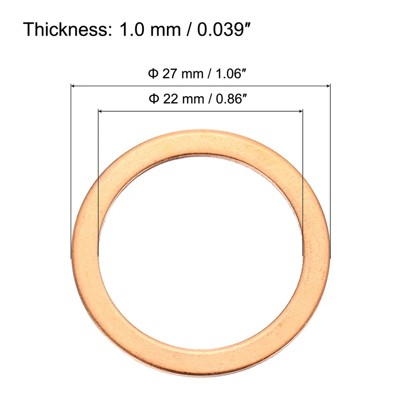 52 Pcs Flat Copper Washers, 22x27x1mm Copper Flat Sealing Crush Ring Washers