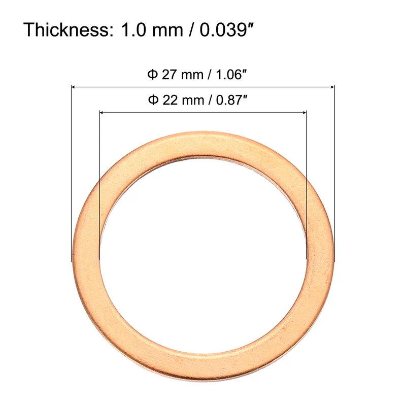 12 Pcs Flat Copper Washers, 22x27x1mm Copper Flat Sealing Crush Ring Washers