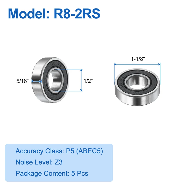 5Pcs R8-2RS Deep Groove Ball Bearings 1/2"x1-1/8"x5/16" Double Metal Shielded Z3