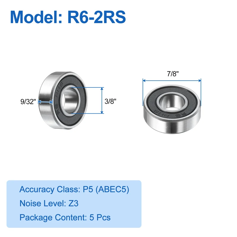 5Pcs R6-2RS Deep Groove Ball Bearings 3/8"x7/8"x9/32" Double Metal Shielded Z3